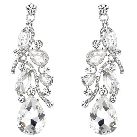 Silver with White Diamond Austrian Crystal Teardrop Chandelier Post Earrings